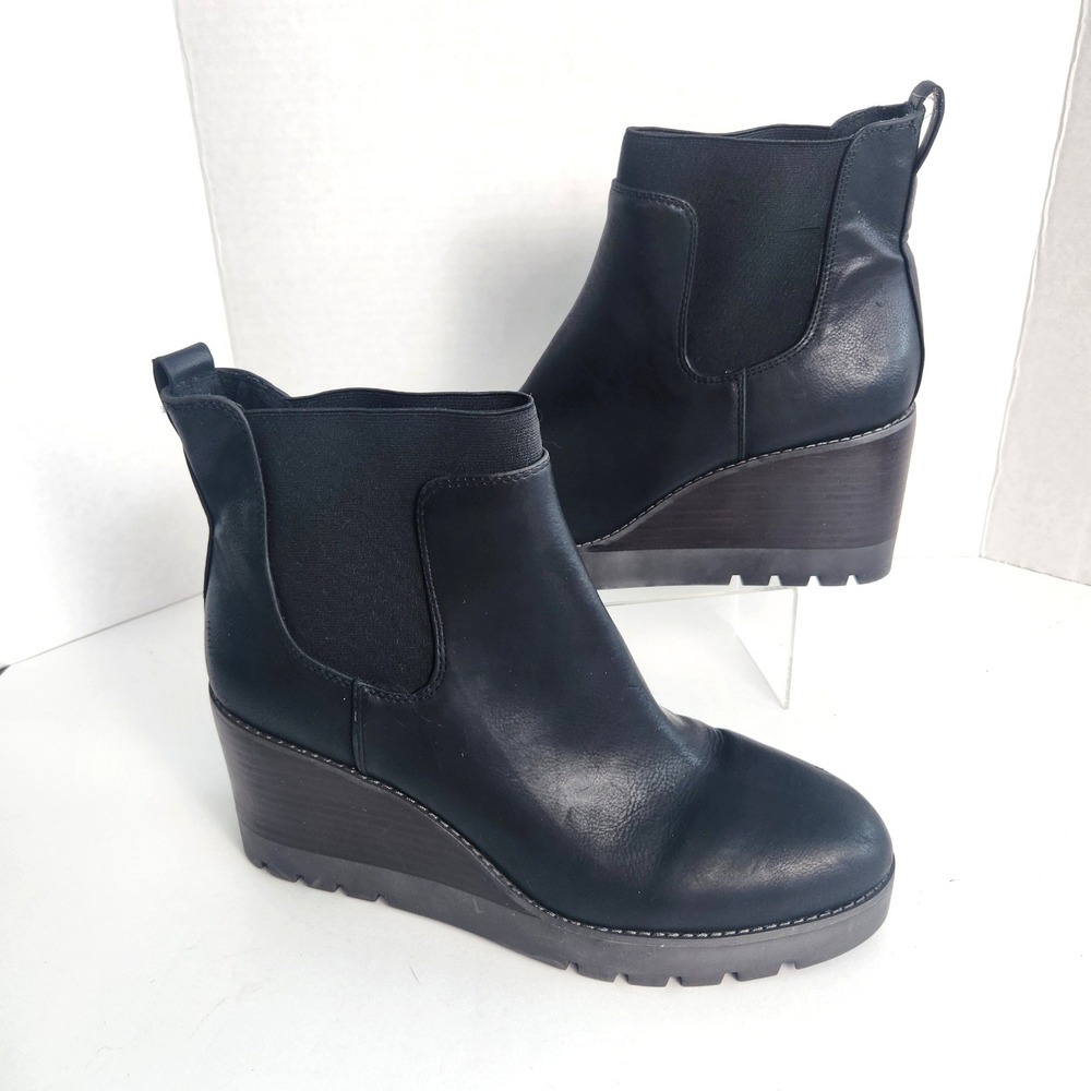 Crown Vintage Black Leather Wedge Ankle Boots Lug Sole Size 11M